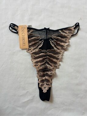 Vintage NWT Lise Charmel Black and Beige Embroidered Feather Thong